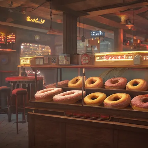 Image similar to Donuts on display at a USA western saloon in the 1800s, robot barkeep, muted cyberpunk style, tranquil, busy but lonely, atmospheric, hazy, sweltering, autochrome, 8k, reflections, octane render, unreal engine 5