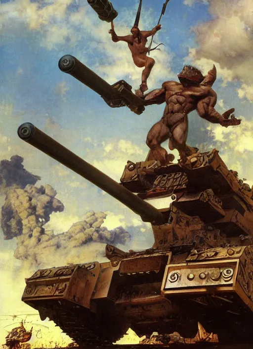 Prompt: steroid minotaur destroys army tank, dynamic action, by lawrence alma - tadema and zdzislaw beksinski and norman rockwell and jack kirby and tom lovell and greg staples, artstation creature art