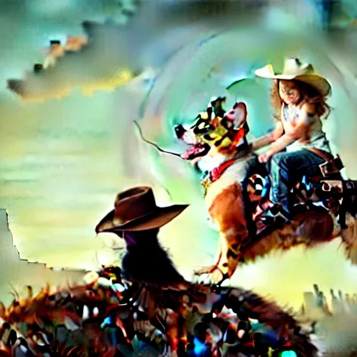 Prompt: tiny cat girl in a cowboy hat riding on the back of a giant corgi by greg rutkowski