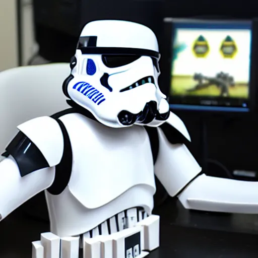 Image similar to stormtrooper gaming on a pc