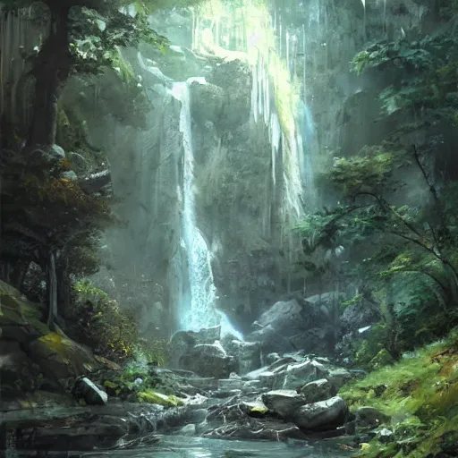 Image similar to Gargantuan stone robot resting under a waterfall inside a forest, oil painting, by Greg Rutkowski