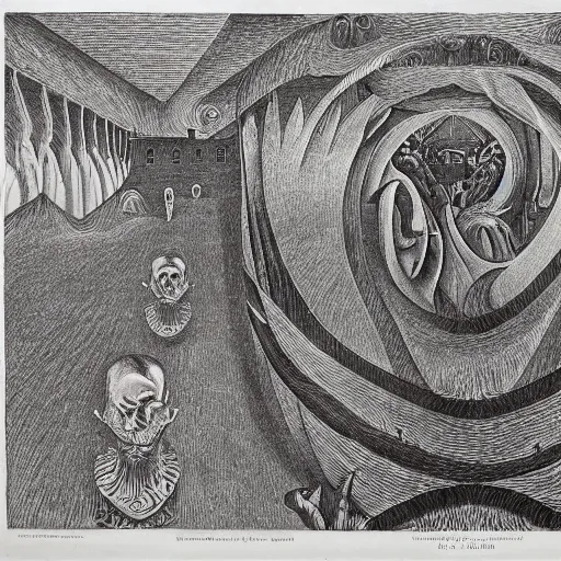 Image similar to eldritch god of madness, black ink on paper, m c escher