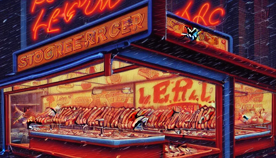 Image similar to painting of a neon sign storefront meat butcher shop, raining, busy street, cyberpunk, romantisism, outrun, synthwave, painting, detailed, by android jones