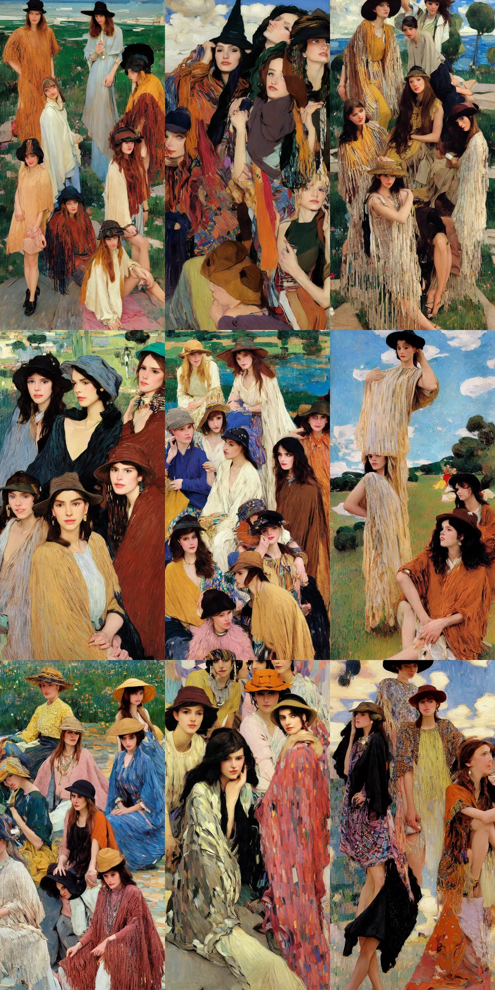 Image similar to portrait of group of fashionable young womans wearing rich jewerly hat and boho poncho, concrete hitech interior, 1970s fashion, sitting dynamic pose, Low poly, thunder clouds in the sky, artwork by Joaquin Sorolla and john william waterhouse and Denis Sarazhin and klimt and rhads and van gogh and Dean Ellis and Detmold Charles Maurice, levitation, industrial rusty pipes, simple form, brutal shapes