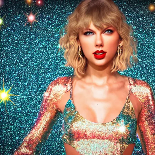 Image similar to mind blowing metaphysical sequins and glitter visualization forming elegant Taylor Swift becoming one with the universe, octane render, hyper realistic, 8k, beautiful details