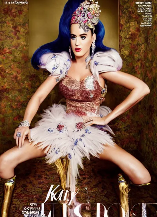 Image similar to katy perry styled by nick knight posing, full body shot, intricate headpiece, vogue magazine, canon, highly realistic. high resolution. highly detailed. dramatic. 8 k. 4 k.