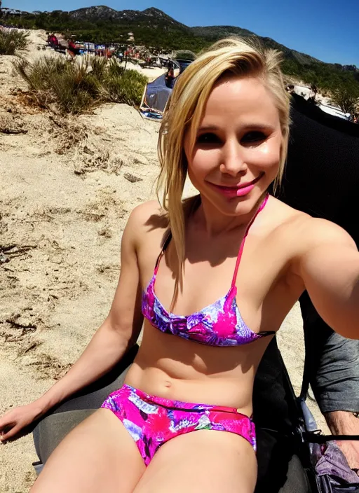 Image similar to pov photo of kristen bell sitting on my lap in a bikini, 1 2 0 deg fov