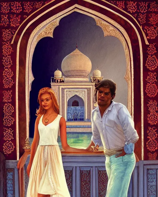 Prompt: tuesday weld visits the taj mahal by charlie bowater, by francine van hove, by alex horley, by tom chambers, by slim aarons