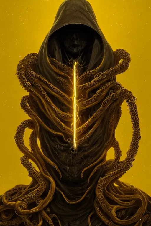 Prompt: A full body portrait of a mysterious character with no face with a very long hooded yellow cloak, a golden crown floating above his head tentacles coming out the ground art by Maciej Kuciara, Lee Griggs and Jason Chan, ominous, cosmic horror, trending on artstation, Ultra detailed, hyper realistic 4k