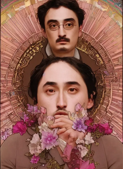 Image similar to Filthy Frank in a Celestial royal pink suit, luxurious theme, meme, funny, sigma male, accurately portrayed, portrait art by alphonse mucha and greg rutkowski, highly detailed, digital painting, concept art, illustration, dim lighting with twilight rays of sunlight, trending on artstation, very detailed, smooth, sharp focus, octane render, close up