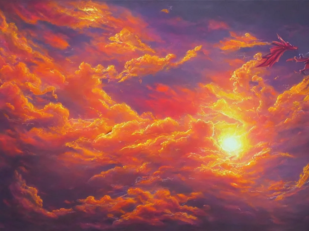 Prompt: A dragon made of rubies and gold flying in sunset clouds, realistic oil painting