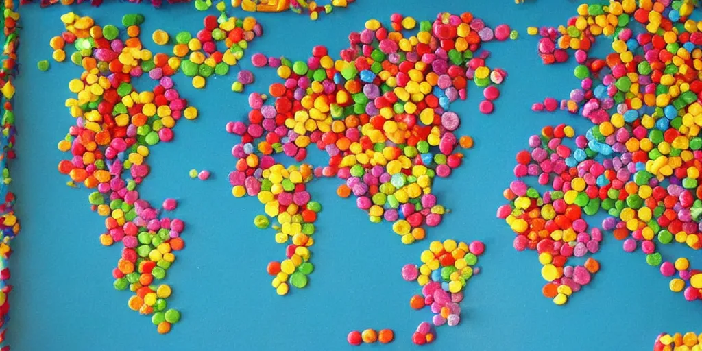 Prompt: a world map made out of candy pieces