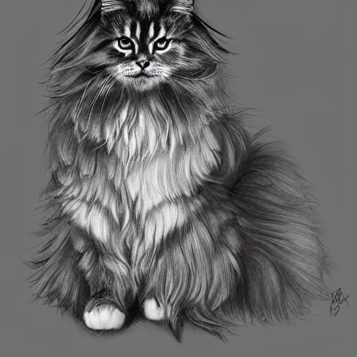 Prompt: long - haired siberian cat, full body, beautiful, illustration, charcoal, trending, artstation, hyper - detailed, coulson, peter