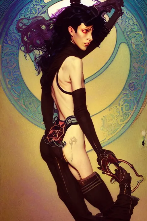 Prompt: art nouveau psychedelic androgynous aeon flux picture by Greg Rutkowski, dynamic pose, cowboy bebop anime, matte painting, intricate, fantasy concept art, elegant, by Stanley Artgerm Lau, WLOP, golden ratio, thomas kinkade, alphonse mucha, loish, Peter chung, norman Rockwell,