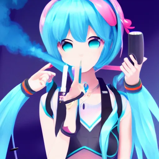 Prompt: hatsune miku smoking a vape pen in her right hand and holding up a peace sign in her left hand, smoke coming out of her mouth, artstation, 4 k