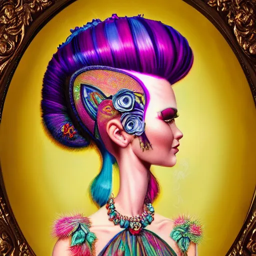 Prompt: a portrait of a pretty woman with a mohawk by mark ryden and lisa frank insane quality, elegant, glowing, ornate and intricate, highly detailed, digital painting, artstation, concept art, pop, smooth, sharp focus, illustration and 3 d, japonisme, vivid 8 k ultra detailed