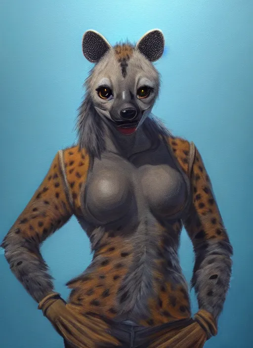 Image similar to oil painting detailed full body of anthromorphic female hyena, in style of zootopia, zootopia, zootopia, fursona, furry, furaffinity, 4 k, deviantart, furry art, fursona art, wearing business suit, in style of zootopia, hyena fursona, cyberpunk, female, expressive, detailed feminine face,