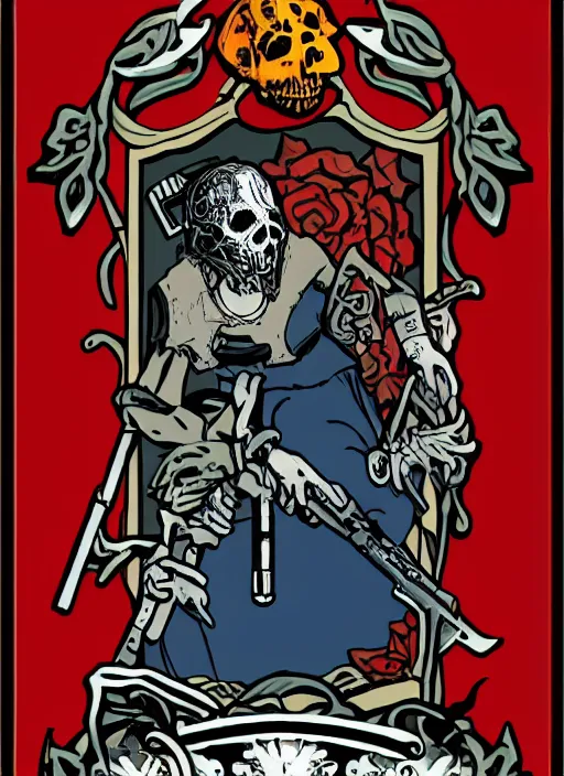 Image similar to tarot card :: horror :: killer gun :: blood and roses :: by Yurtsev and Darkchylde