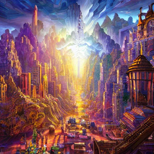 Prompt: gemstone crystal city, city made of bismuth cryengine render by android jones, james christensen, rob gonsalves, leonid afremov and tim white