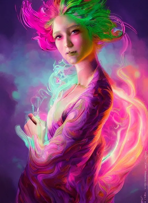 Prompt: psychedelic [ chemiluminescence ] smiling elegant woman chakra spirit with pink hair smoke and fluid dynamics, colorful, psychedelic, ornate, intricate, digital painting, concept art, smooth, sharp focus, illustration, blacklight reacting, art by artgerm and greg rutkowski