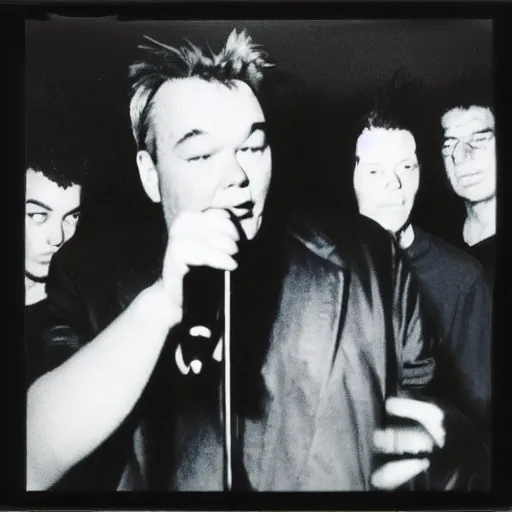 Prompt: stewart lee performing with the smiths, 9 0 s polaroid, by nan goldin