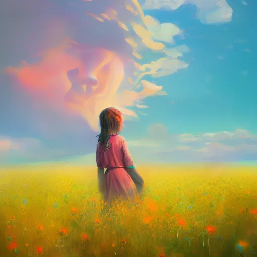 Image similar to girl with a flower face, surreal portrait, dreamlike, standing in flower field, in a valley, sunrise dramatic light, impressionist painting, colorful clouds, artstation, simon stalenhag