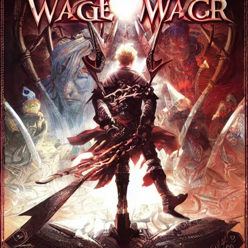 Image similar to Warkly the visions of an old mage, medieval fantasy game poster printed on playstation 2 video game box , Artwork by Akihiko Yoshida, cinematic composition