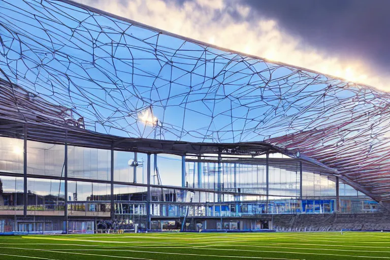 Image similar to architecture photo modern fachwerk football stadium with Elbrus mountain on the background, architecture, photorealism 8k , shining and happy atmosphere, uplight, high details