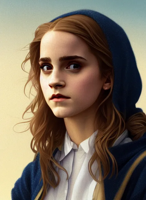 Prompt: Poster artwork. Rendering of Emma Watson as Hermione Granger. Sad. Worried. Concerned. Wearing a hoodie!!! Wearing jeans!!! Vivid. Clean. Full of details. Extremely detailed. Award winning. Cinematic lighting. Vermeer. William Adolphe Bouguereau. Michael Whelan. Tomer Hanuka. Karol Bak. Makoto Shinkai. Thomas kinkade. Matte painting. Trending on artstation.