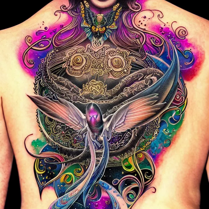 Image similar to extremely psychedelic tattoo design made of cressent moon and black bird, LSD tattoo design, diffuse lighting, fantasy, intricate, elegant, highly detailed, lifelike, photorealistic, digital painting, artstation, illustration, concept art, smooth, sharp focus, art by John Collier and Albert Aublet and Krenz Cushart and Artem Demura and Alphonse Mucha