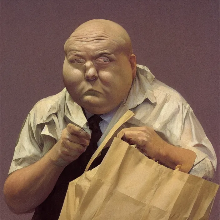 Prompt: melted old fat man portrait with a paper bag over the head, in paper bag clothing, holding a stack of paper bags, highly detailed, artstation, edward hopper, art by zdislav beksinski, wayne barlowe, edward hopper