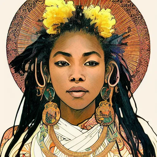 Prompt: fiercely compassionate african - american bodhisattva, portrait illustration by greg rutkowski and alphonse mucha and carne griffiths