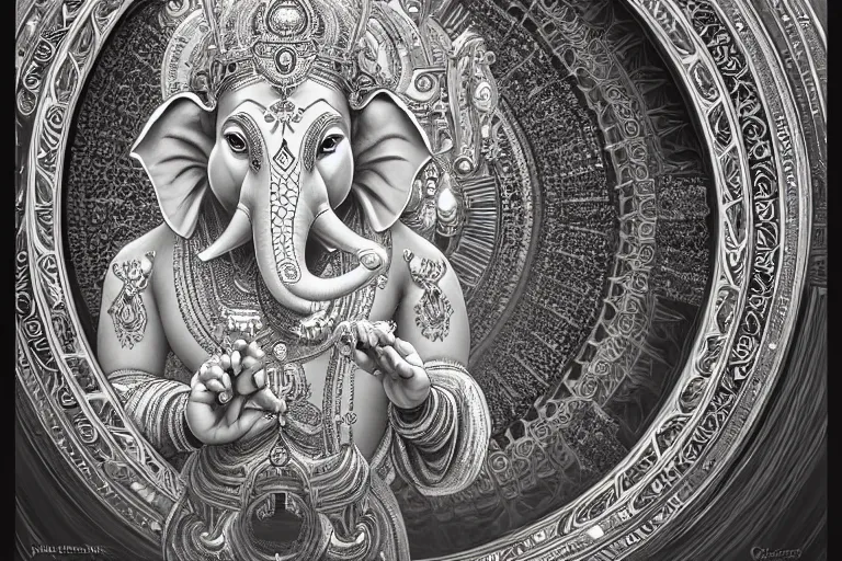 Image similar to rhodium ganesha, mandala, fantasy, intricate, elegant, highly detailed, digital painting, artstation, concept art, matte, sharp focus, illustration, art by artgerm and greg rutkowski and alphonse mucha