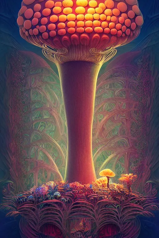 Prompt: anthropomorphic mushroom carnival attractions portrait, Art Deco nature, fantasy, intricate art deco mushroom designs, elegant, highly detailed fractals, sharp focus, fractal big top, art by Artgerm and beeple and Greg Rutkowski and WLOP