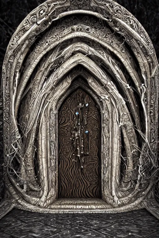 Image similar to extremely 3 d render detailed intricate ornate metallic bone carved concept art of hooded necromancer in front of a lovecraft portal