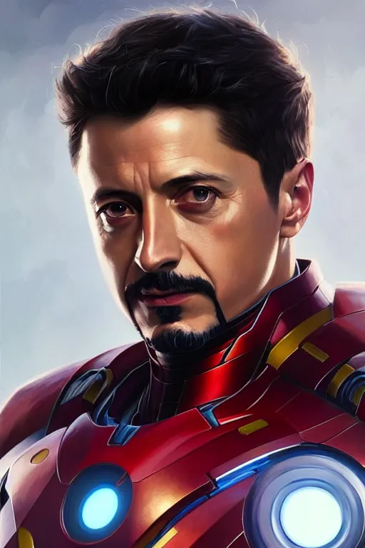 Image similar to vladimir zelensky is similar to tony stark, portrait, iron man, highly detailed, digital painting, artstation, concept art, smooth, sharp focus, illustration, cinematic lighting, art by artgerm and greg rutkowski and alphonse mucha