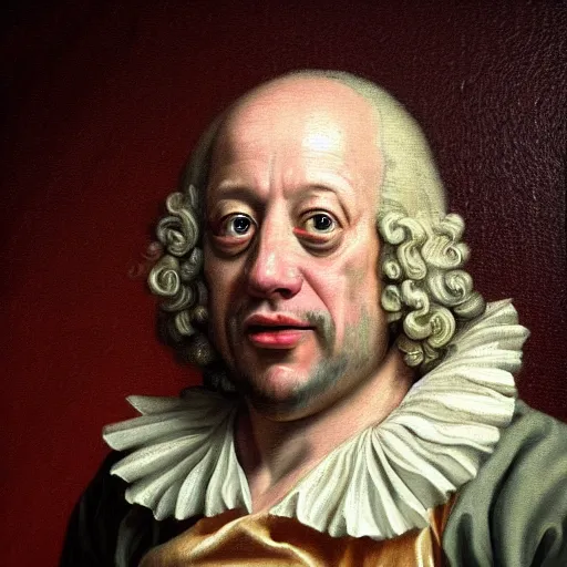 Image similar to A 17th century Baroque Painting of Gene Ween, grainy, realistic, hyperrealistic, very realistic, very very realistic, highly detailed, very detailed, extremely detailed, detailed, digital art, trending on artstation, detailed face, very detailed face, very detailed face, realism, HD Quality, 8k resolution, intricate details, body and head in frame, painting, oil painting, trending on deviantart, Baroque Painting