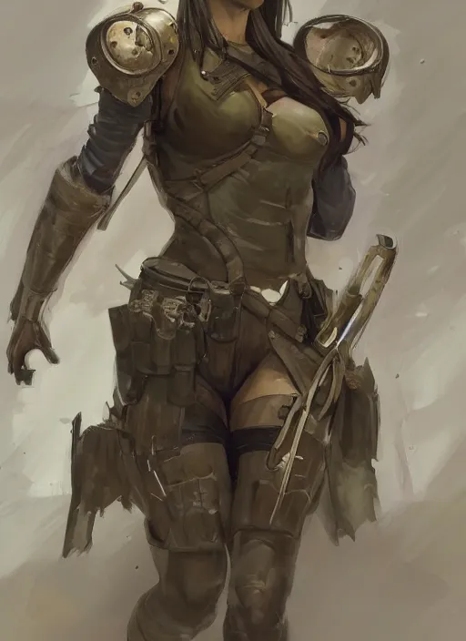 Prompt: a professionally painting of an attractive young female, partially dressed in military armor, olive skin, long dark hair, beautiful bone structure, perfectly proportioned, symmetrical facial features, intricate, elegant, heroic pose, digital painting, concept art, illustration, sketch-like, sharp focus, finely detailed, from Metal Gear, in the style of Ruan Jia and Mandy Jurgens and William-Adolphe Bouguerea