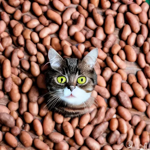 Prompt: photo of cat in cooked beans, 50mm, beautiful photo