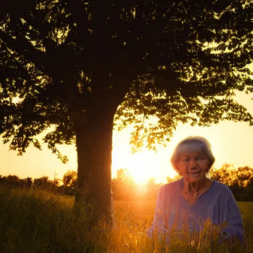 Image similar to Photograph of a kind grandmother at golden hour