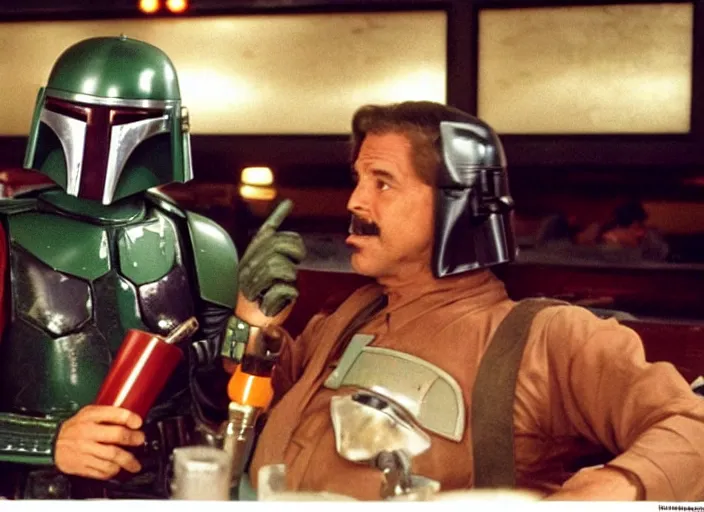 Prompt: boba fett and earth vader drinking at a bowling alley bar in the movie the big lebowski