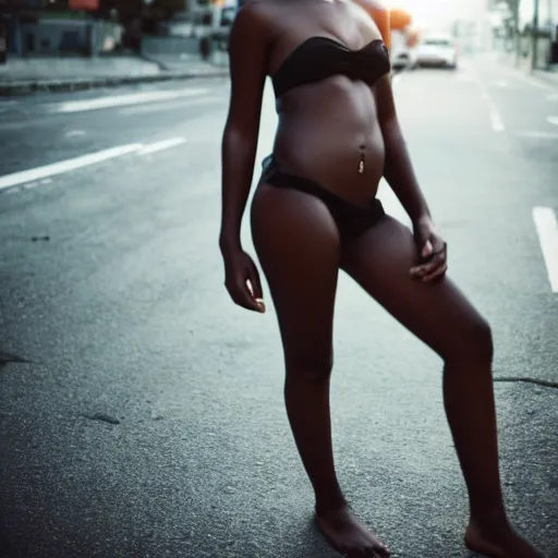 Prompt: a beautiful gorgeous black edgy model girl with short hair, bikini, she's sad, sunset, street of hong kong, 8 0 mm lens, 1. 2 aperture, kodak 5 2 1 9, grainy image, close up, cinematic light, very detailed, depressing atmosphere, cover magazine