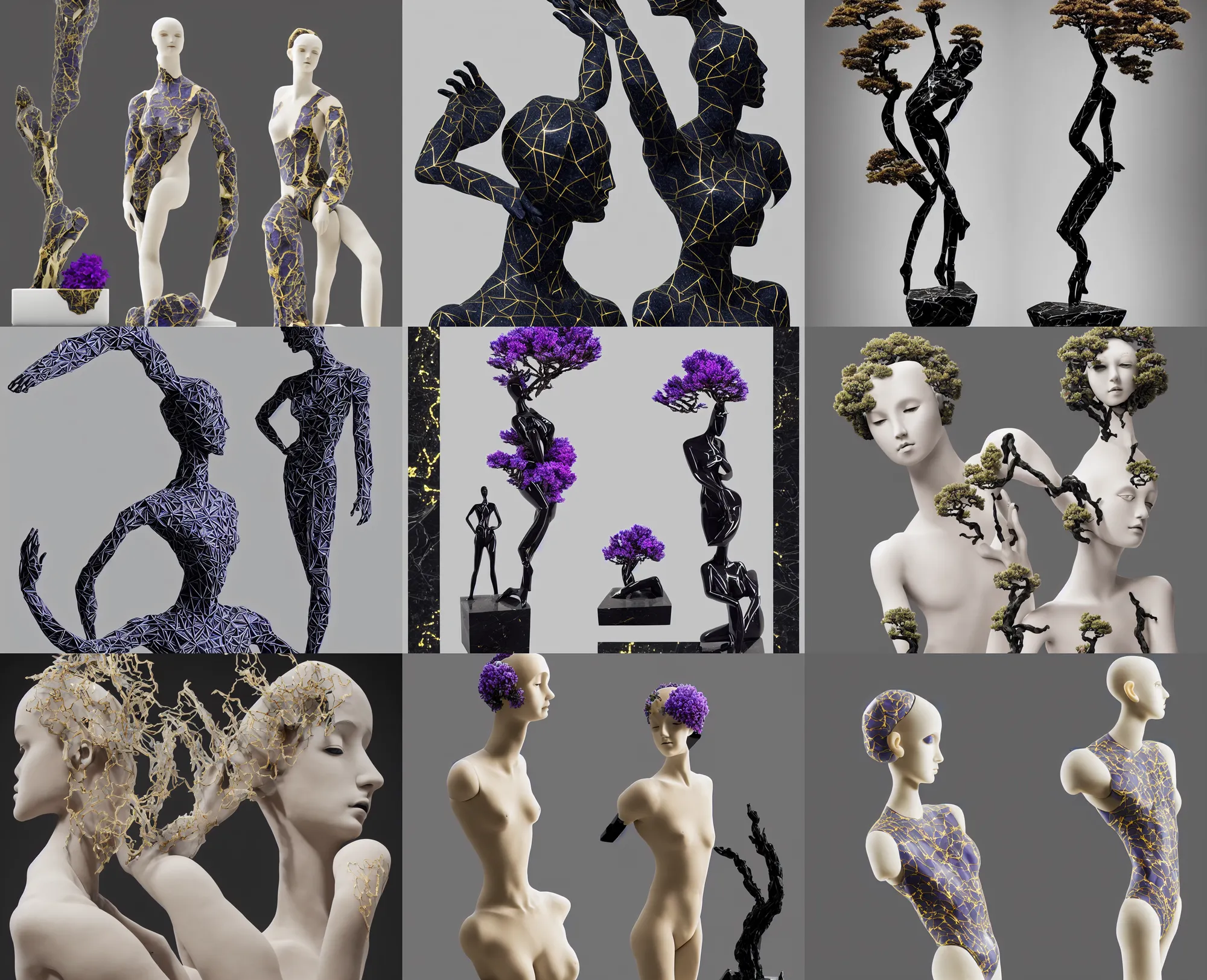 Prompt: beautiful mannequin sculpted out of onyx by billelis + lit with geometric neon printed lavender kintsugi + doorway opening to a new dimension with geometric fractal vaporwave light + flowering bonsai trees!!!!, transcendent, clean linework, dramatic, moody, finely detailed, 4 k, trending on artstation, award winning, photorealistic, volumetric lighting, octane render