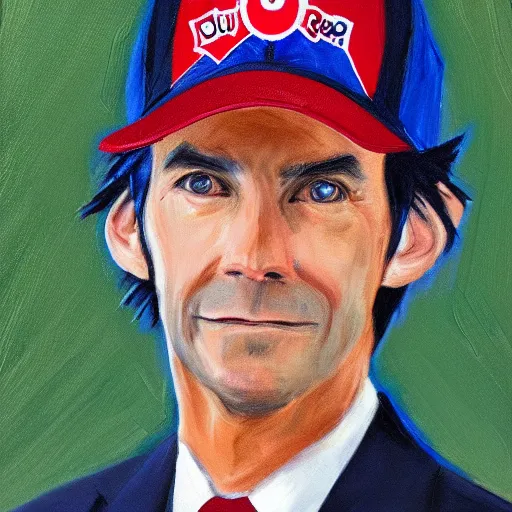 Prompt: president ash ketchum, ash ketchum presidential portrait, oval office painting. official portrait, oil on canvas. realism. retouched face