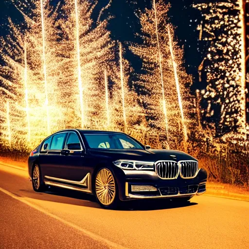 Image similar to a [ bmw 7 ]!! driving on an empty highway at night, [ fireworks in the sky ]!!, and a [ wooded forest ] in the background, trending on unsplash, [ 4 k photorealism ]!!, [ golden ratio ]!!, centered!!