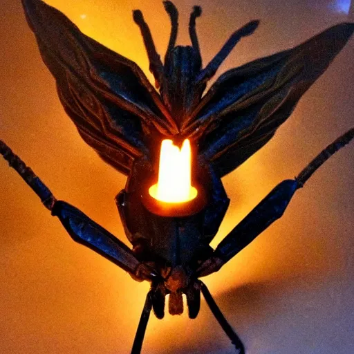 Prompt: winged spider monster with firelight body :: godly presence :: photograph