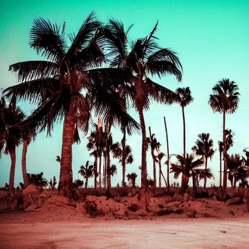 Prompt: car lights wide shot epic post apocalyptic landscape wasteland miami desert fire craters end of the world miami beach sunset fucked up palm trees on fire 80s synth retrowave