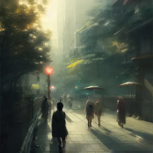 Image similar to walking from naka - meguro, tokyo. volumetric lighting, spring afternoon, overcast weather, realistic illustration, perfectly shaded, soft painting, art by krenz cushart and wenjun lin