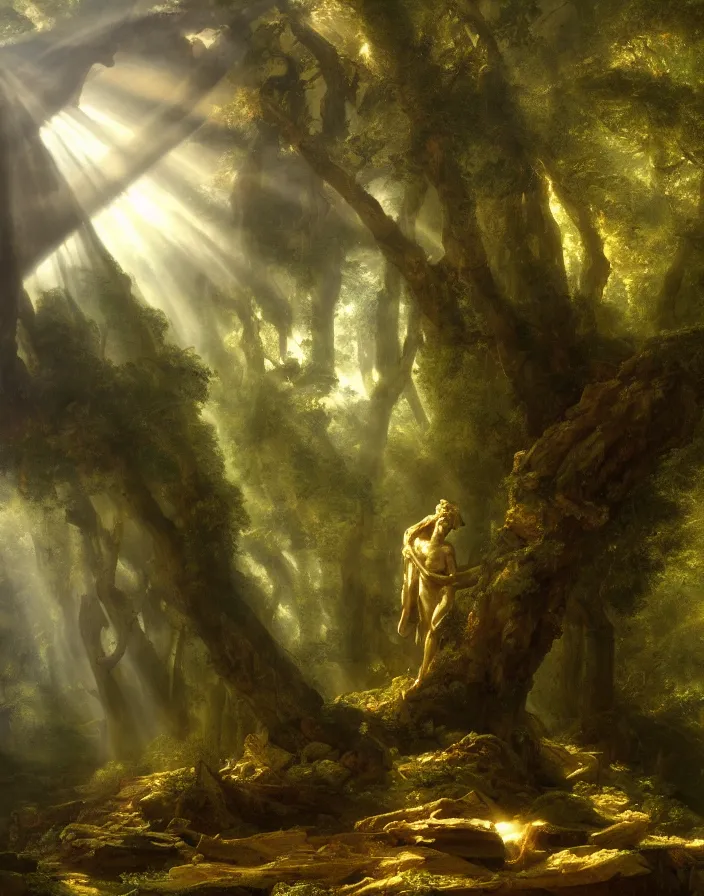 Image similar to an ancient greek statue lost in a gigantic forest by thomas cole, painting, cinematography, epic lighting, volumetric, fog, god rays