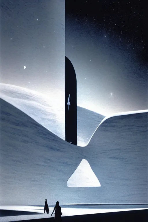 Image similar to emissary snowy space by arthur haas and bruce pennington and john schoenherr, cinematic matte painting, zaha hadid building, photo realism, dark monochrome color palate, small woman silhouette for scale